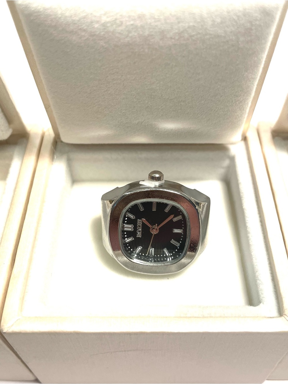 Men's Silver-tone Ring Watch with Black Dial
